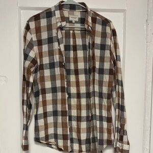 Frank & Oak Brown White & Gray Plaid Button-Down Shirt